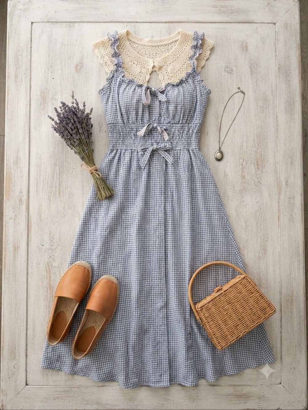 Morning Lavender Cotton Linen Blue White Gingham Plaid Milkmaid Midi Dress